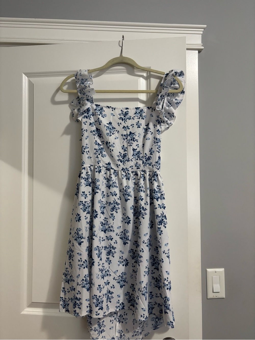 Girls White and Blue Floral Ruffle Strap Dress
